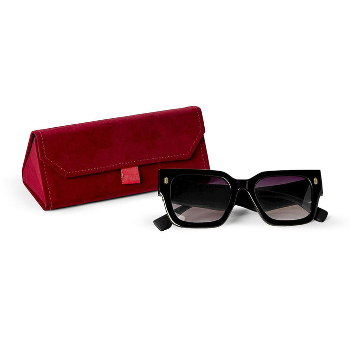 The Luxe Lens 100% UV Protection Sunglasses feature black frames and dark lenses. Available in small, medium, and large sizes.