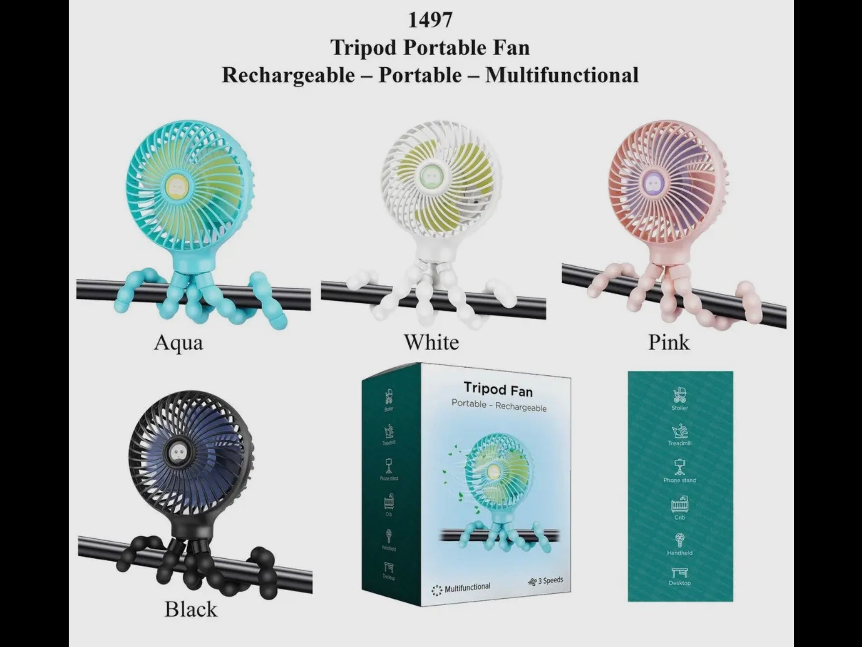 Four Portable Tripod Fans in aqua, white, pink, and black clipped to a bar; rechargeable; sizes: not shown.