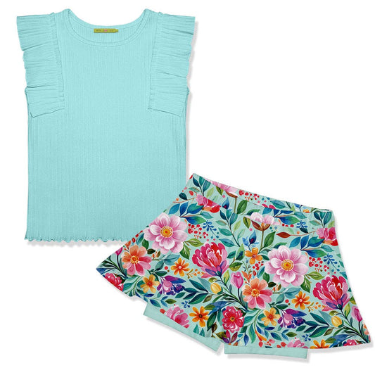 Kids Mint Ribbed Ruffle Sleeveless Top, sizes 2T-10, features ribbed texture and ruffled sleeves.