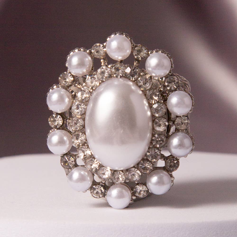 Oval Crystal Sunburst Double Halo Stretch Ring with large oval center, crystals, silver-tone; available in one-size stretch.