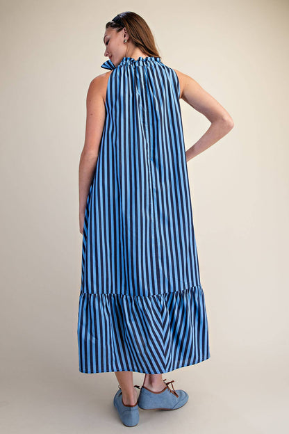 Stripe Midi Dress With Sleeveless Ruffle Neck Tie in navy with black vertical stripes, ruffle neck; sizes: S, M, L, XL.