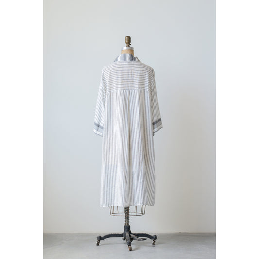 Cotton Yarn Dyed Isabella Duster, long loose fit, elbow-length sleeves, light stripes. Sizes available: Medium.
