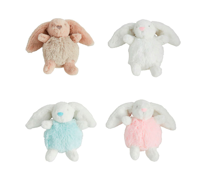 Bunny Pom Pom Rattles in tan, white, light blue, and light pink faux fur with floppy ears. Available in multiple sizes.