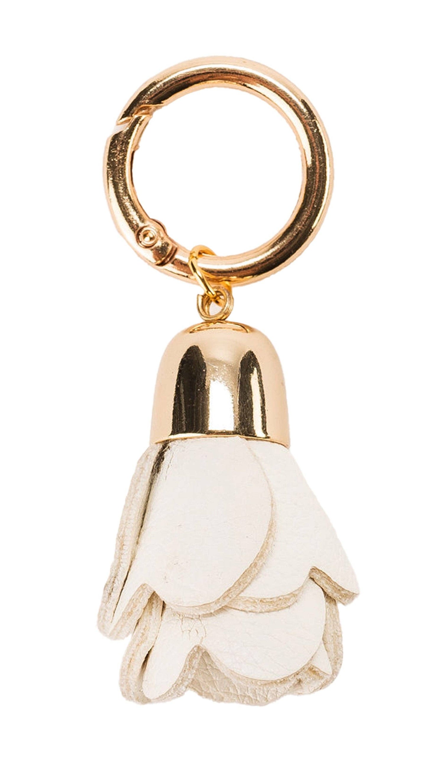 Gold keyring with white leather flower tassel, layered petals, shiny gold cap. Available in S, M, L sizes.