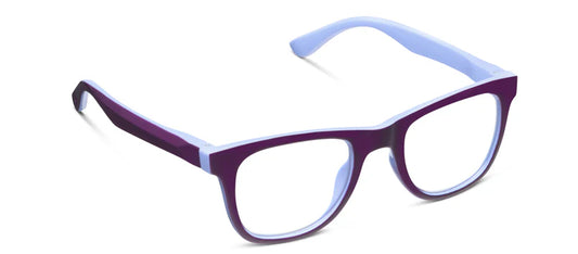 Peepers - Rally Purple/Blue rectangular blue light glasses with a purple polycarbonate frame exterior, light blue interior, and UV400 protection. Available sizes: small, medium, large.