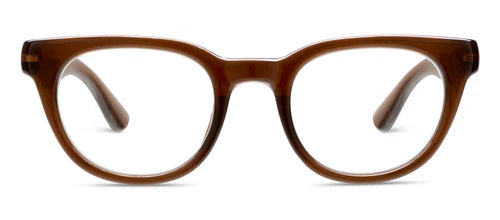 Peepers - Kitt brown eyeglasses with full-rim lightweight acetate frame, wide arms, rounded rectangular lenses, and UV400 protection. Available sizes: narrow and average.