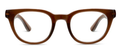 Peepers - Kitt brown eyeglasses with full-rim lightweight acetate frame, wide arms, rounded rectangular lenses, and UV400 protection. Available sizes: narrow and average.