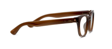 Thick, lightweight brown acetate eyeglass frames with slightly transparent front and inward-curving temples. Available in multiple sizes.