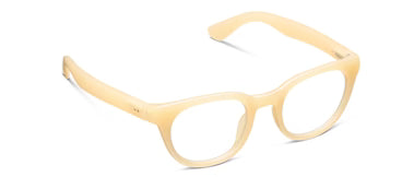 Peepers Kitt blue light glasses with translucent light beige rectangular frames, thick arms, UV400 protection, and lightweight design. Available in multiple sizes.