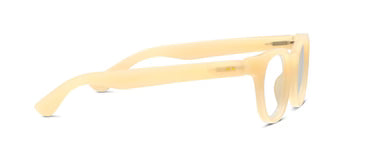 Peepers Kitt blue light glasses in beige with thick, lightweight frames and rounded lenses. Available sizes: small, medium, large.