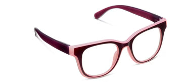 Peepers - Buffy eyeglasses with a square pink polycarbonate frame and dark purple arms, UV400 protection, available in multiple sizes.