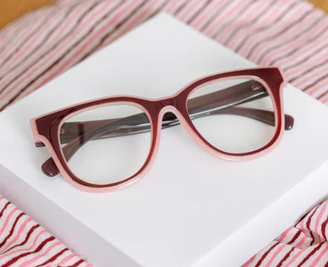 Peepers Buffy eyeglasses with a pink and brown polycarbonate frame. Available sizes: small, medium, large.
