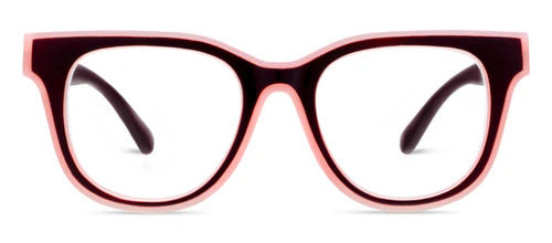 Peepers - Buffy eyeglasses feature thick, dark red polycarbonate frames with clear lenses, a subtle pink front outline, gently outward-curving temples, and UV400 protection. Available sizes: small, medium, large.