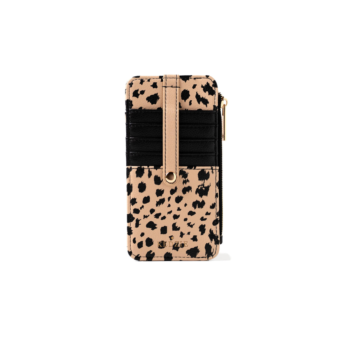 The Kedzie Essentials Only Zippered Wallet Open Stock: Amalfi has a leopard print vegan leather design, black card slots, a snap button strap, and a zippered pocket on the right side. Sizes available: not specified.