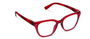 Rectangular eyeglasses with thick red and fire tortoise frames, slightly rounded edges, UV400 protection, available in multiple sizes.