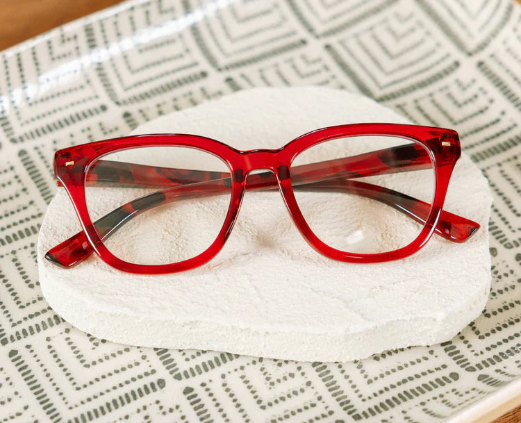 Peepers Lenora Red/Fire Tortoise eyeglasses with clear lenses, available in multiple sizes.