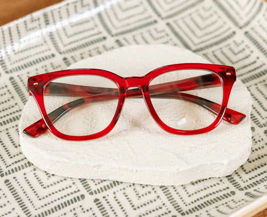 Peepers Lenora Red/Fire Tortoise eyeglasses with clear lenses, available in multiple sizes.