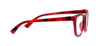 Peepers - Lenora Red/Fire Tortoise eyeglass frames have a red, rectangular shape with a translucent marbled fire tortoise pattern. Available in sizes 49-16-140.