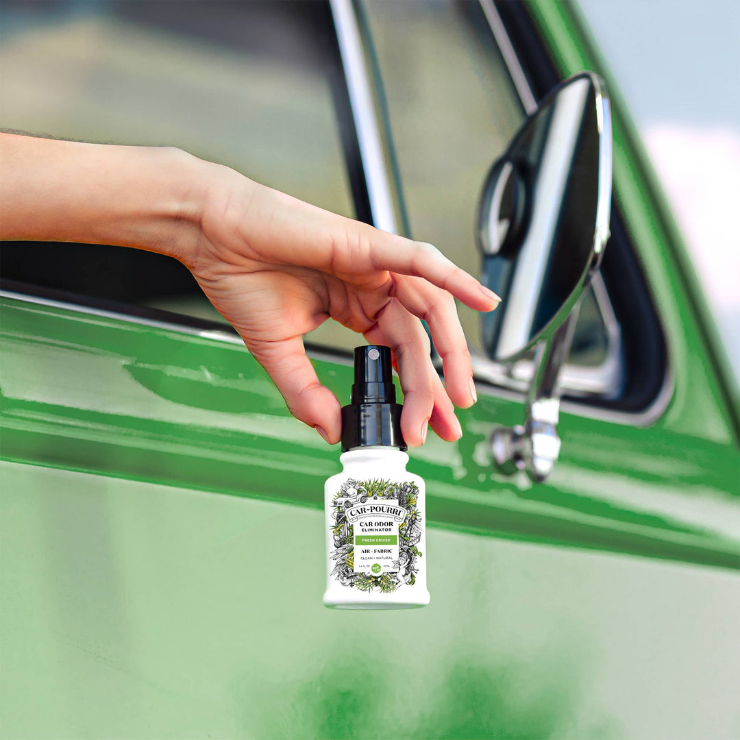 Car~Pourri Air + Fabric Spritz My Ride" spray bottle, 1.4oz, 2-pack gift set.