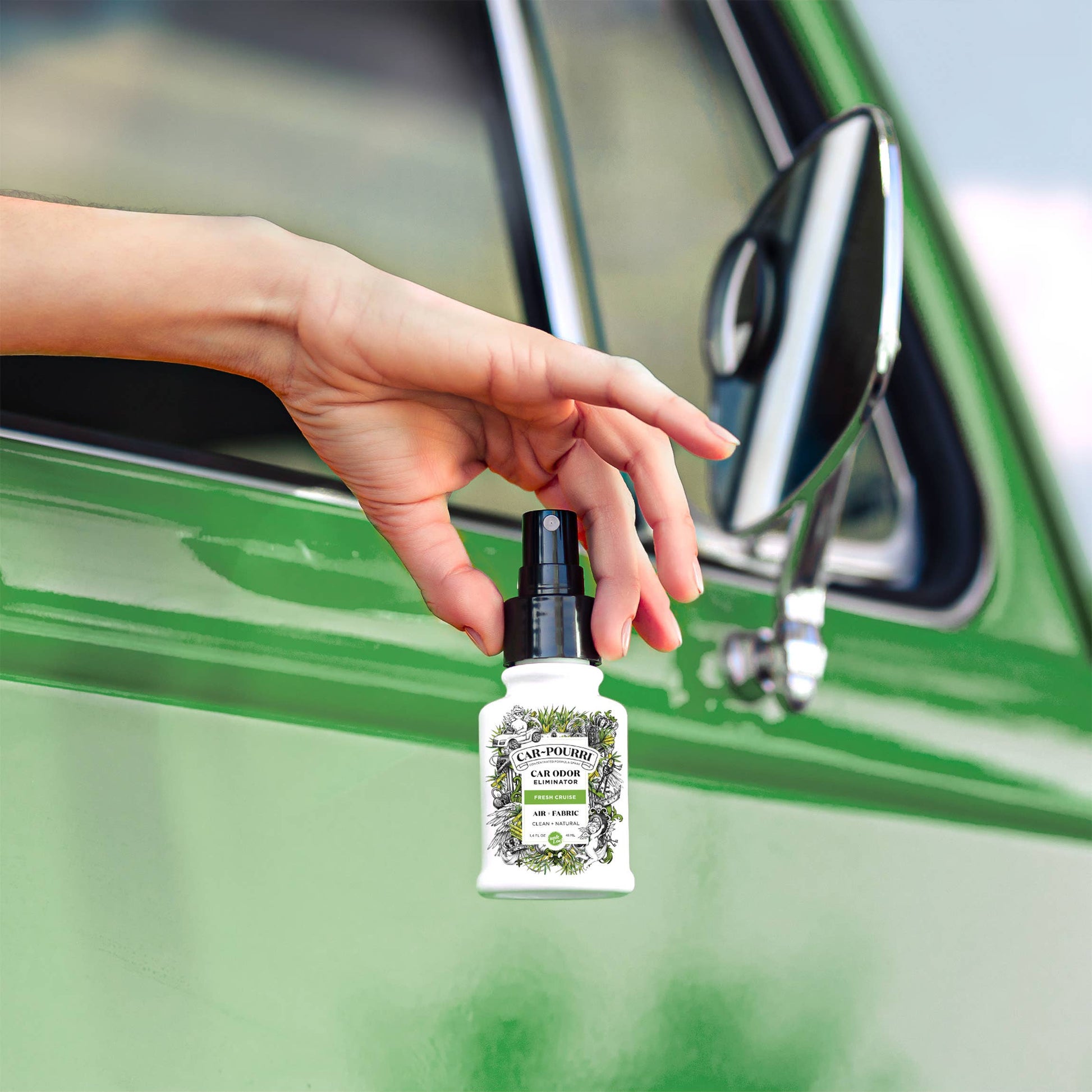Car~Pourri Air + Fabric Spritz My Ride" spray bottle, 1.4oz, 2-pack gift set.