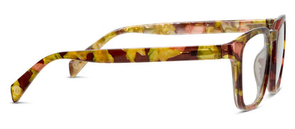 Peepers Latte Earth Quartz blue light glasses with a translucent frame, yellow and pink floral pattern, curved lightweight arms, and clear lenses. Available in multiple sizes.