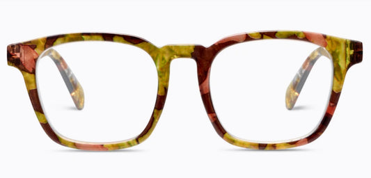 Peepers Latte Earth Quartz square eyeglasses with lightweight marbled frames in brown, yellow, and green. Available sizes: narrow, medium, wide.