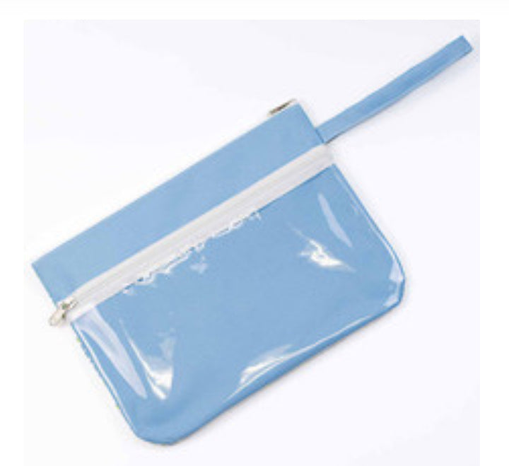 Light blue wet/dry bag with zippered closure, clear front panel, blue wrist strap. Available in small and large sizes.