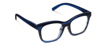 Blue, chunky square eyeglasses with thick, glossy rectangular frames and clear UV400-protected lenses, available in multiple sizes.