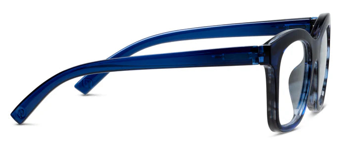 Rectangular clear-lens eyeglasses with chunky square blue translucent frames; available in multiple sizes.
