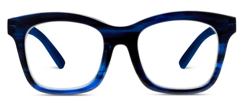 Peepers - To the Maximalist blue rectangular eyeglasses have a chunky, thick, glossy square frame with clear lenses. Blue light filtering. Available in small, medium, and large sizes.