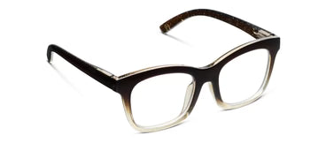 Chunky square frame eyeglasses with thick dark brown rims fading to a lighter shade at the bottom, available in various sizes. Blue light blocking lenses.