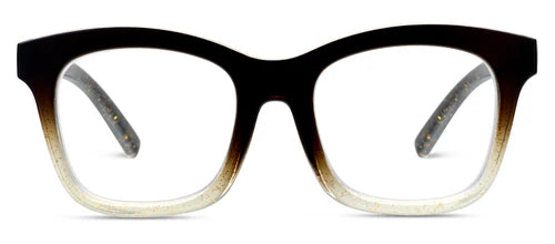 Rectangular eyeglasses with a bold square frame fading from black to clear, speckled temples, UV400 lenses. Available in small, medium, and large sizes.