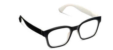 Peepers Boone black rectangular eyeglasses with white inner arms, durable acetate frame, available in multiple sizes.
