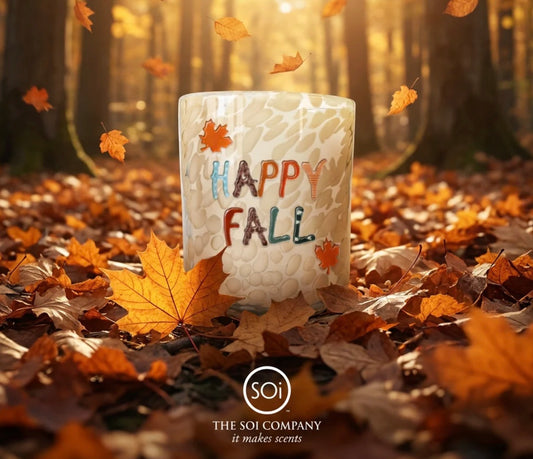 A Happy Fall Icon Candle, 12oz, made from white soy wax with “Happy Fall” in colorful letters and SOi Company branding.
