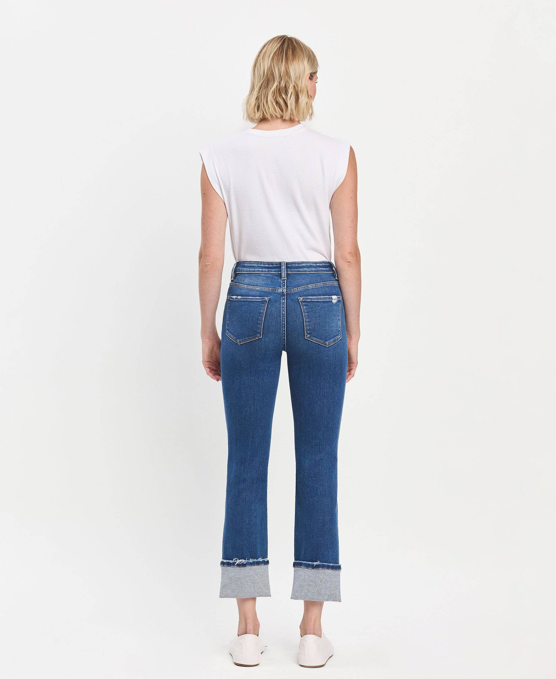 High Rise Cuffed Slim Straight Blue Jeans, available in sizes 24-32.