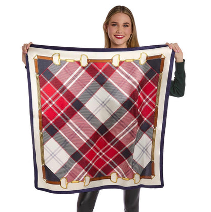 Tartan Silk Scarf with vibrant red, white, and navy plaid pattern, navy trim, and gold buckle designs. Available sizes: small, medium, large.