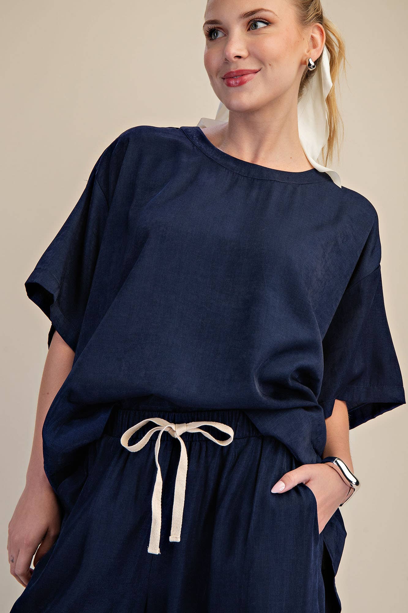 Navy Round Neck Band Oversize Shirt with drawstring pants. Sizes: XS–XL. Comfortable, everyday essential style.