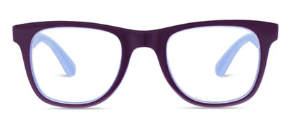 Peepers Rally Purple/Blue blue light glasses with dark purple rectangular polycarbonate frames and light blue temple arms; available in multiple sizes.