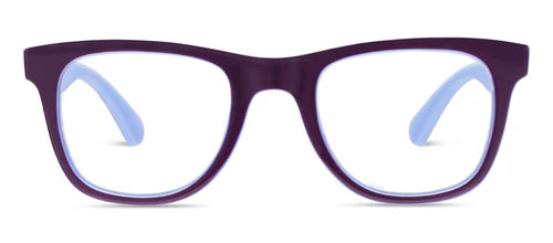 Peepers Rally Purple/Blue blue light glasses with dark purple rectangular polycarbonate frames and light blue temple arms; available in multiple sizes.