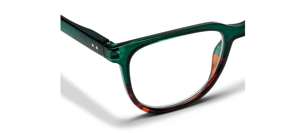 Peepers Progressives - Penn Green/Tortoise Horn blue light glasses with green polycarbonate temples and tortoiseshell lower rims, available in multiple sizes.