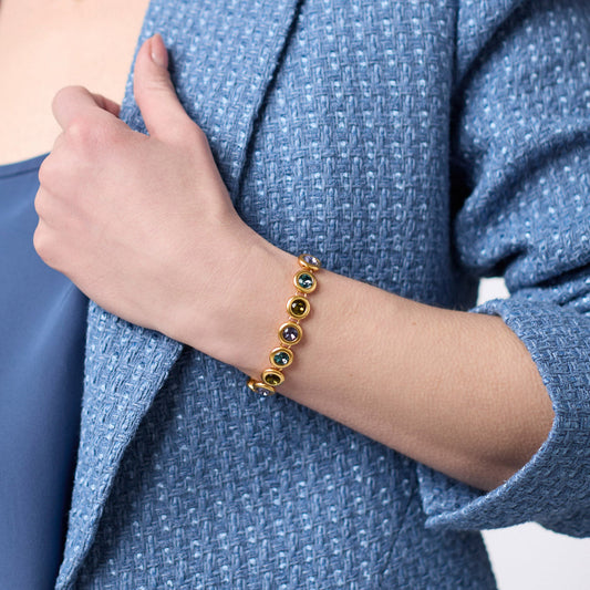 Rainbow Tennis Bracelet | Blue Twilight with five round stones in 24K gold plate. Available sizes: S, M, L.