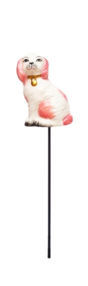 Hand-painted stoneware dog plant stake with charming accents on a long black stick. Available sizes: 12″, 18″.