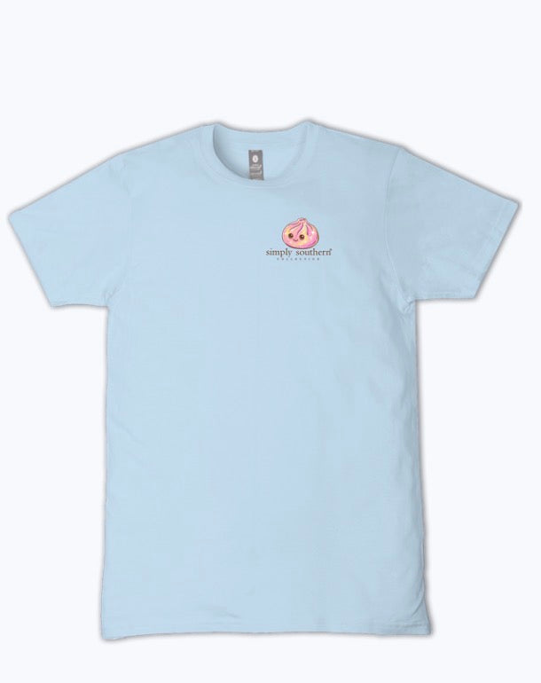 Light blue short-sleeve tee, "Don’t Let Anyone Dull Your Sparkle," Simply Southern logo, peach graphic. Sizes: S-XL.