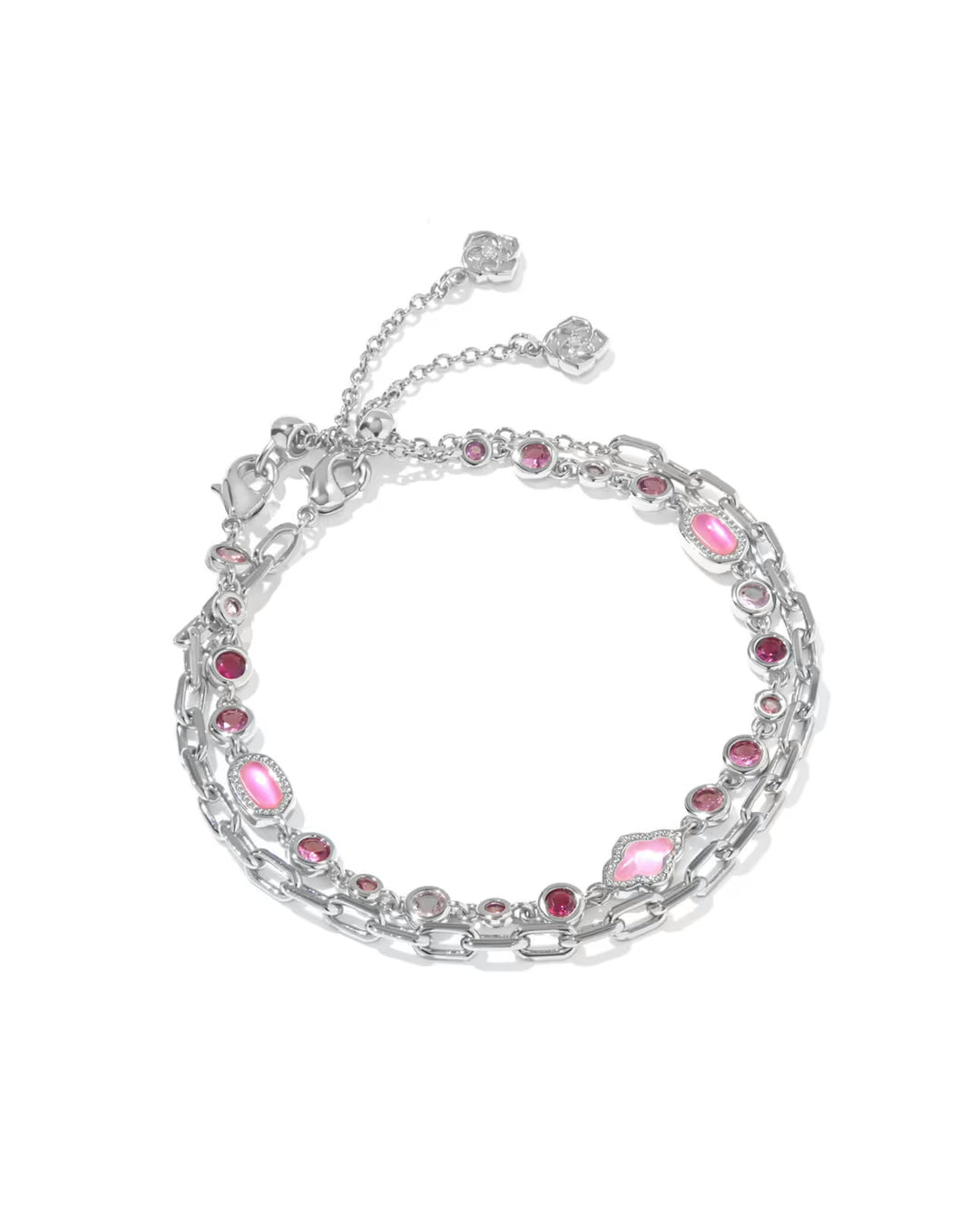 Set of 2 silver chain bracelets with pink/red gemstones, slider clasp, end charms. Available in one size, adjustable fit.