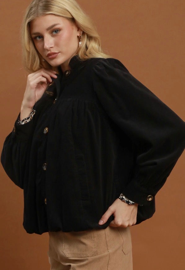 Corduroy Babydoll Jacket with puffy sleeves, available in sizes XS–XL.