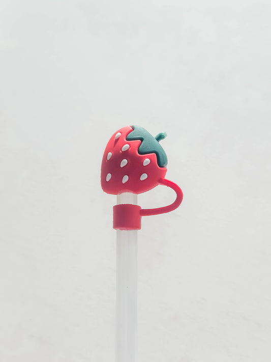 Clear plastic straw with red strawberry-shaped topper, green leaves, white seeds. Sizes available: small, medium, large.