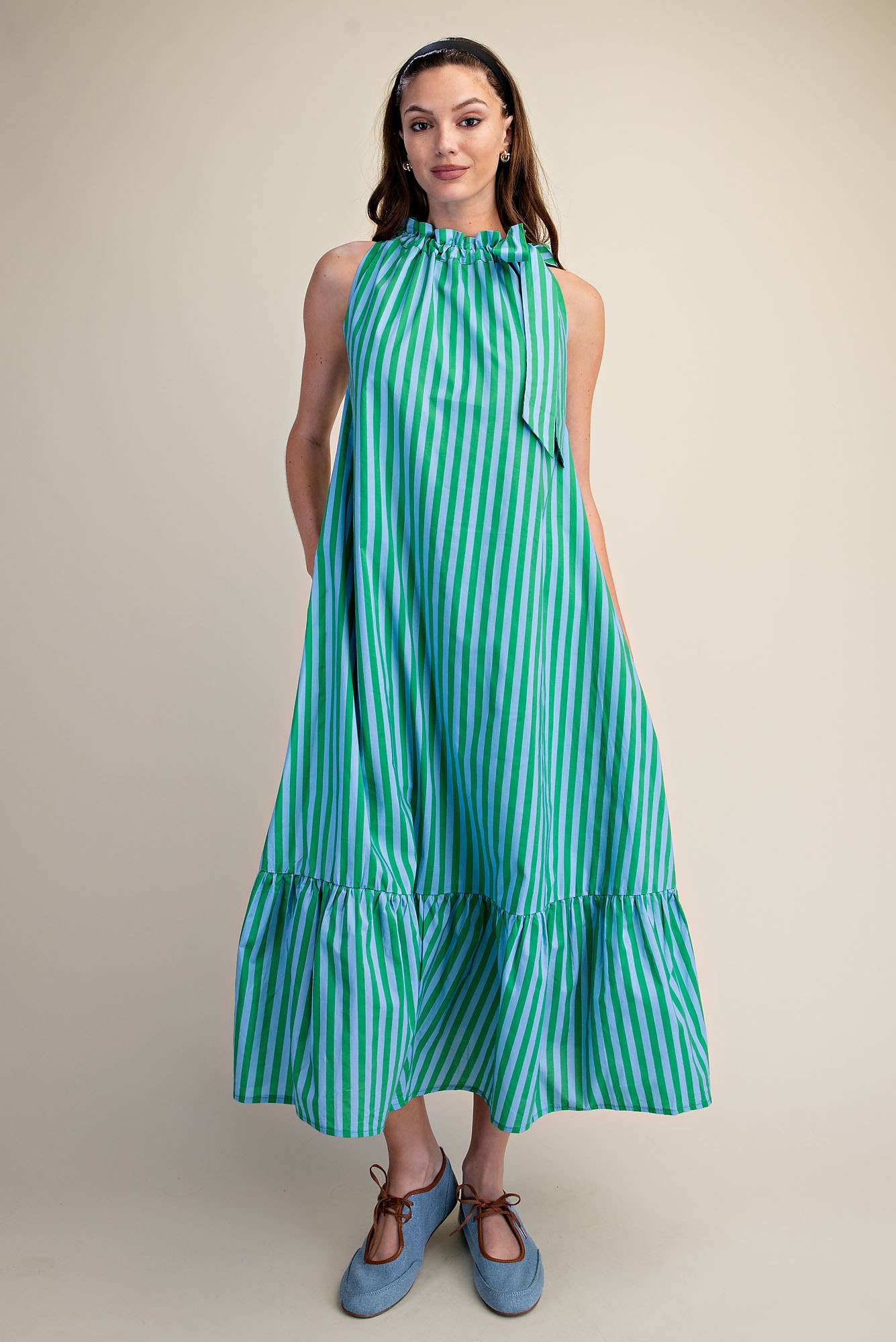 Stripe Midi Dress With Sleeveless Ruffle Neck Tie in Navy, features ruffles and neck tie. Available in sizes S–XL.