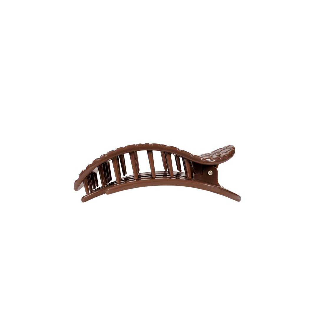 Brown small flat round hair clip with curved design and interlocking teeth; available in multiple sizes.