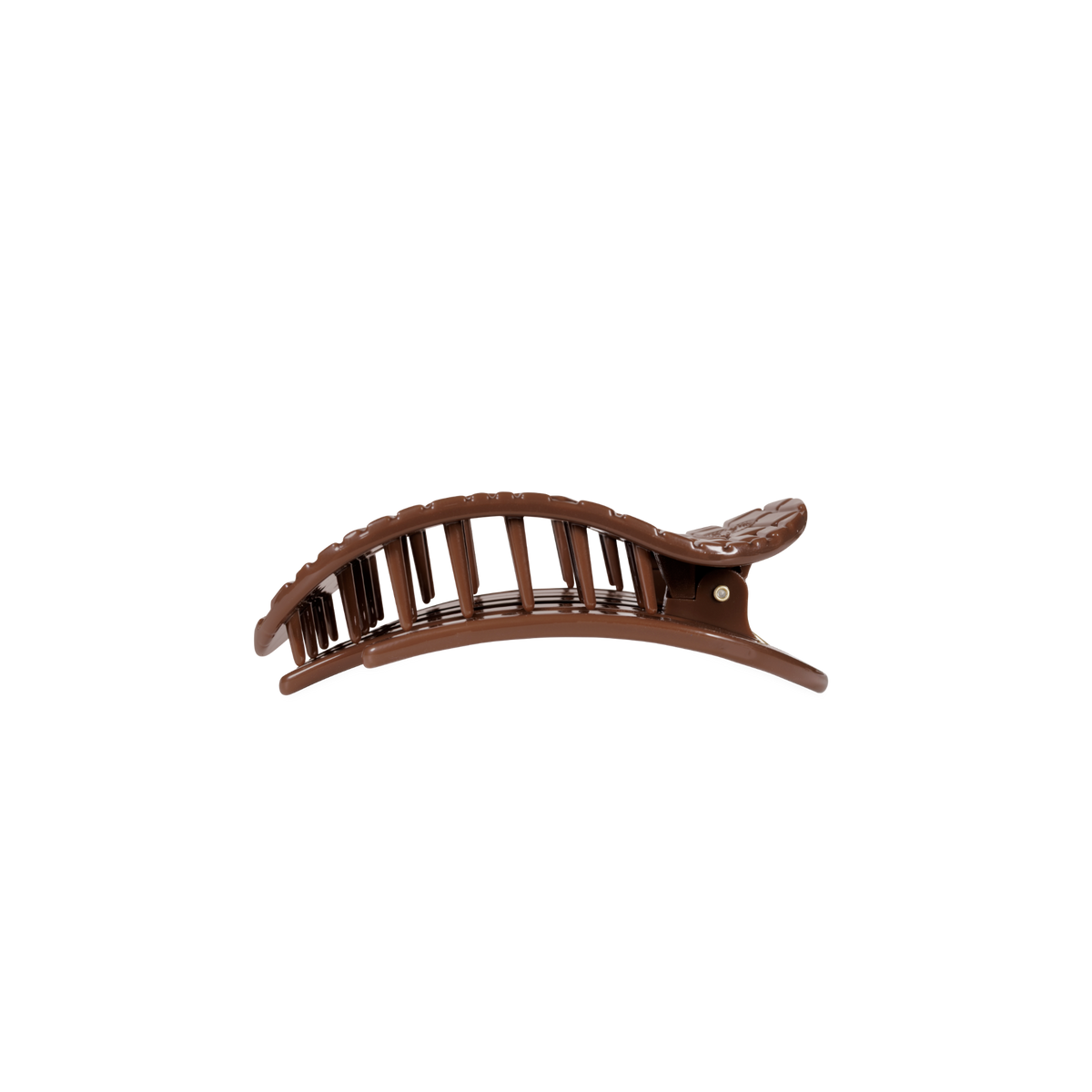 Brown small flat round hair clip with curved design and interlocking teeth; available in multiple sizes.