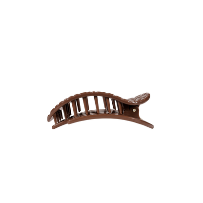 Brown small flat round hair clip with curved design and interlocking teeth; available in multiple sizes.